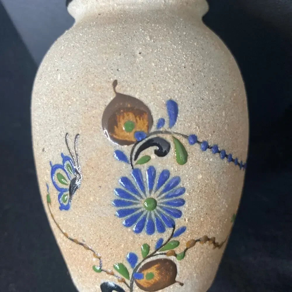 Set of 2 Mexican Mid 20th Century Sand Finish Pottery Vases. Hand painted.